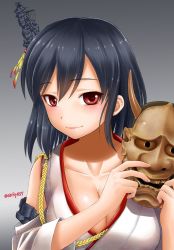 Rule 34 | 1girl, black hair, breasts, character request, cleavage, closed mouth, ebifly, fingernails, gradient background, grey background, hair ornament, holding, holding mask, japanese clothes, kantai collection, large breasts, looking at viewer, mask, unworn mask, medium hair, miko, oni mask, red eyes, smile, solo, twitter username, upper body