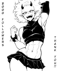 Rule 34 | 1girl, abs, arm behind back, armpits, bare shoulders, black horns, black shirt, black skirt, bracelet, breasts, crop top, detached sleeves, english text, highres, horns, jewelry, midriff peek, miniskirt, muscular, muscular female, navel, open mouth, original, pointy ears, shirt, short hair, simple background, single detached sleeve, skirt, sleeveless, sleeveless shirt, small breasts, smile, solo, spiked bracelet, spikes, websake, white background