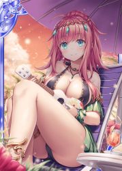 Rule 34 | 1girl, ahoge, akkijin, anklet, aqua eyes, bare shoulders, bikini, blush, bracelet, breasts, chair, circlet, cleavage, collarbone, cup, detached sleeves, gem, holding, holding instrument, instrument, jewelry, large breasts, long hair, official art, outdoors, pink hair, ponytail, scheherazade (shinkai no valkyrie), shinkai no valkyrie, sidelocks, sitting, smile, solo, swimsuit, thighs, umbrella
