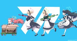 Rule 34 | 4girls, absurdres, animal ear headphones, animal ears, apron, aris (blue archive), aris (maid) (blue archive), artist name, assault rifle, back bow, battle rifle, black footwear, black hair, black wristband, blonde hair, blue archive, blue background, blue bow, blue bowtie, blue eyes, blue ribbon, bow, bowtie, box, cardboard box, cat ear headphones, cat tail, closed mouth, fake animal ears, floating hair, forehead, frilled apron, frills, game development department (blue archive), green eyes, green halo, gun, h&amp;k g3, hair bow, hair ribbon, halo, headphones, highres, holding, holding gun, holding weapon, in box, in container, long hair, looking ahead, maid, maid apron, maid headdress, majinmallow, mary janes, midori (blue archive), midori (maid) (blue archive), momoi (blue archive), momoi (maid) (blue archive), multiple girls, neck ribbon, official alternate costume, open mouth, orange hair, pantyhose, pink eyes, pink halo, ponytail, profile, purple eyes, railgun, red bow, ribbon, rifle, running, scared, serious, shoes, short hair, siblings, sisters, smile, standing, tail, twintails, wavy mouth, weapon, white apron, white bow, white pantyhose, yellow halo, yuzu (blue archive), yuzu (maid) (blue archive)
