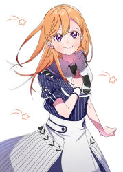 Rule 34 | 1girl, asymmetrical dress, black necktie, closed mouth, commentary, dress, hair between eyes, highres, long hair, looking at viewer, love live!, love live! superstar!!, necktie, orange hair, plaid, plaid dress, puffy short sleeves, puffy sleeves, purple eyes, shekira (love live!), shibuya kanon, short sleeves, smile, solo, standing, star (symbol), symbol-only commentary, upper body, white background, white dress, ykepouty