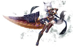 Rule 34 | 1girl, absurdres, animal ears, blush, braid, breasts, commentary request, fox ears, fox girl, fox tail, green eyes, hair between eyes, highres, holding, holding weapon, hololive, leg up, long hair, looking at viewer, medium breasts, monster hunter (series), monster hunter rise, pentagram, saio425, shirakami fubuki, sidelocks, simple background, single braid, smile, solo, tail, thighhighs, virtual youtuber, weapon, white background, white hair