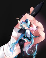 Rule 34 | 1girl, absurdres, arm tattoo, bandaged hand, bandages, black skirt, black sleeves, blue hair, blue nails, blue necktie, blush, boots, closed eyes, commentary, crypton future media, cuddling, detached sleeves, feathered wings, feathers, grey shirt, hair ornament, hatsune miku, headphones, highres, holding, holding stylus, in palm, koyubisennti, long hair, mini person, minigirl, necktie, number tattoo, piapro, pleated skirt, shirt, skirt, sleeveless, sleeveless shirt, smile, sparkle, stylus, tattoo, thigh boots, twintails, very long hair, vocaloid, wings