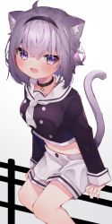 Rule 34 | 1girl, :d, animal ears, blush, breasts, cat ears, cat girl, cat tail, collar, collarbone, commentary request, eringikinono, fang, hairband, highres, hololive, long sleeves, looking at viewer, midriff, navel, nekomata okayu, nekomata okayu (casual), open mouth, purple eyes, purple hair, sailor collar, shorts, simple background, sitting, smile, solo, tail, virtual youtuber, white shorts