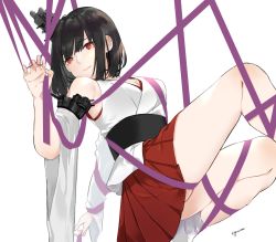 Rule 34 | 1girl, black hair, bound, breasts, cleavage, closed mouth, commentary, hair ornament, headgear, japanese clothes, kantai collection, lips, neko (ganecooo), nontraditional miko, pleated skirt, red eyes, red skirt, ribbon, short hair, simple background, skirt, socks, solo, tabi, tied up (nonsexual), twitter username, white background, white socks, wide sleeves, yamashiro (kancolle)