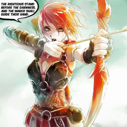 Rule 34 | 1girl, animification, armor, arrow (projectile), bad id, bad pixiv id, bag, belt, belt buckle, bow (weapon), bracer, breasts, buckle, chest armor, chest plate, determined, dragon age, dragon age: origins, drawing bow, elbow gloves, english text, facing viewer, gloves, hair between eyes, hands up, holding, holding bow (weapon), holding weapon, leliana (dragon age), looking to the side, medium breasts, open mouth, pteruges, quiver, red hair, scale armor, serious, short hair, single glove, siuuu, solo, speech bubble, standing, talking, teeth, tongue, upper body, weapon, yellow eyes