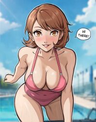 Rule 34 | 1girl, bare arms, bare legs, bare shoulders, blurry, blurry background, blush, breasts, brown eyes, brown hair, cleavage, collarbone, covered navel, day, english text, large breasts, leaning forward, lepypepy, lips, medium hair, one-piece swimsuit, open mouth, outdoors, persona, persona 3, pink one-piece swimsuit, pool, pool ladder, poolside, sky, smile, solo, speech bubble, swimsuit, takeba yukari, teeth, water, wet