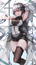 Rule 34 | 1girl, :o, absurdres, arknights, arm up, armpits, bare shoulders, black shorts, black thighhighs, blush, breasts, commentary request, feather hair, feet out of frame, green eyes, grey hair, greythroat (arknights), highres, large breasts, looking at viewer, open mouth, oreshki, shirt, short hair, short shorts, shorts, sleeveless, sleeveless shirt, solo, thighhighs, thighs