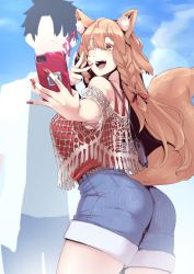 Rule 34 | 1boy, 1girl, :d, animal ear fluff, animal ears, ass, bare shoulders, belt, black hair, blue shorts, braid, breasts, brown belt, brown eyes, brown hair, cellphone, commentary request, faceless, faceless male, fate/extra, fate/extra ccc, fate/extra ccc fox tail, fate/grand order, fate (series), fingernails, fishnet top, fishnets, fox ears, fox girl, fox tail, fujimaru ritsuka (male), highres, holding, holding phone, long fingernails, long hair, nail polish, nakamura regura, one eye closed, open mouth, phone, red nails, red tank top, selfie, shorts, smartphone, smile, standing, suzuka gozen (fate), suzuka gozen (under the same sky) (fate), tail, tank top, thighs, twin braids, v