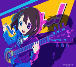 Rule 34 | absurdres, artist name, text background, blue eyes, buttons, electric guitar, english text, gibson, gibson les paul, guitar, hair between eyes, hair ornament, hairclip, hands up, heterochromia, highres, hirasawa yui, instrument, jacket, k-on!, light blush, long sleeves, multicolored background, music, open mouth, playing instrument, purple background, purple eyes, ribbon, school uniform, shadow, shirt, short hair, signature, skirt, smile, solo, taqi99, yellow background