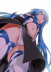 Rule 34 | 1girl, black skirt, blue eyes, blue hair, closed mouth, expressionless, flat chest, from below, leotard, long hair, looking to the side, navel, ore twintail ni narimasu, skirt, solo, tailblue, thighhighs, tsube aika, twintails, upskirt, white background, yuto (dialique)