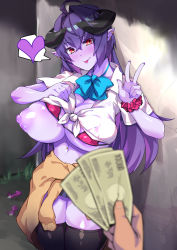 Rule 34 | 1girl, arunira, bra, brll, colored nipples, colored skin, condom, cum, dark-skinned female, dark skin, demon girl, disembodied hand, faceless, faceless male, female focus, grass, gyaru, highres, horns, long hair, miniskirt, money, navel, prostitution, puffy nipples, purple hair, purple nipples, purple skin, red eyes, school uniform, shiny skin, skirt, solo focus, sweater, thick thighs, thighs, tongue, tongue out, topknot, underwear, v, wall