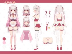 Rule 34 | 1girl, apron, ass, bare shoulders, between breasts, blush, breasts, cleavage, closed mouth, collarbone, crop top, frilled apron, frilled skirt, frills, grey hair, hair intakes, hair ornament, high heels, highres, jacket, kimitsu tenka, kneepits, long hair, long sleeves, maid, maid dolce, maid headdress, medium breasts, midriff, navel, necktie, necktie between breasts, off shoulder, open clothes, open jacket, pink jacket, pleated skirt, puffy long sleeves, puffy sleeves, purple hair, red eyes, red footwear, red necktie, red skirt, shoes, single thighhigh, skirt, sleeves past wrists, smile, standing, thighhighs, toyosaki shu, translation request, twintails, virtual youtuber, white apron, white background, white thighhighs, x hair ornament