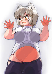 Rule 34 | 1girl, against glass, animal ears, blush, breast press, breasts, breasts on glass, d:, fang, fat, glass, highres, hitotsubashi inari, inubashiri momiji, large breasts, navel, open mouth, panties, pants, pink panties, plump, pom pom (clothes), red eyes, silver hair, solo, touhou, underwear, wardrobe malfunction, wolf ears