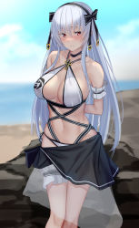 Rule 34 | 1girl, absurdres, arms behind back, bad id, bad pixiv id, bare shoulders, bikini, blush, breasts, cleavage, closed mouth, collarbone, cosmic break, hair ornament, highres, ivis, large breasts, long hair, looking at viewer, navel, outdoors, pallad, red eyes, see-through, see-through bikini, see-through skirt, silver hair, skirt, solo, standing, swimsuit, thigh strap, white bikini