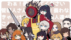 Rule 34 | &gt; &lt;, 1other, 6+boys, 6+girls, apron, black eyes, black hair, black shirt, black vest, blonde hair, blue eyes, blush stickers, brown eyes, brown hair, brown hairband, brown sweater, chewing, cigarette, clock, closed mouth, coat, collared shirt, commentary request, dante (limbus company), dark-skinned male, dark skin, don quixote (project moon), facial hair, faust (project moon), food, food on face, freckles, glasses, green eyes, gregor (project moon), hair ribbon, hairband, heathcliff (project moon), heterochromia, highres, holding, holding cigarette, holding food, holding polearm, holding weapon, hong lu (project moon), ishmael (project moon), kebab, lance, limbus company, long hair, long sleeves, meursault (project moon), multiple boys, multiple girls, necktie, object head, one eye closed, open clothes, open coat, open mouth, orange hair, outis (project moon), parted bangs, polearm, project moon, red coat, red eyes, red necktie, ribbed sweater, ribbon, rodion (project moon), ryoshu (project moon), sanpaku, shiki (shikki46), shirt, short hair, short sleeves, sinclair (project moon), smile, smoking, stubble, suspenders, sweat, sweater, translation request, turtleneck, turtleneck sweater, vest, weapon, white hair, white ribbon, white shirt, yellow apron, yellow eyes, yi sang (project moon)