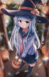 Rule 34 | 1girl, absurdres, anchor symbol, basket, black hat, black sailor collar, black skirt, black thighhighs, blue eyes, blurry, blurry background, blush, brown footwear, candy, dfd, food, hair between eyes, halloween, halloween costume, hat, hibiki (kancolle), highres, holding, holding basket, jack-o&#039;-lantern, kantai collection, lollipop, long hair, long sleeves, looking at viewer, neckerchief, open mouth, pleated skirt, red neckerchief, sailor collar, school uniform, serafuku, shoes, skirt, solo, thighhighs, white hair, witch hat