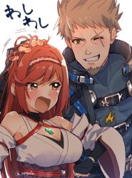 Rule 34 | 1boy, 1girl, bafarin, blush, breasts, brown eyes, brown hair, chest jewel, cleavage, detached sleeves, facial hair, father and daughter, fingerless gloves, glimmer (xenoblade), gloves, goatee, headpat, medium breasts, one eye closed, open mouth, red hair, rex (xenoblade), scar, scar across eye, smile, upper body, xenoblade chronicles (series), xenoblade chronicles 3, xenoblade chronicles 3: future redeemed