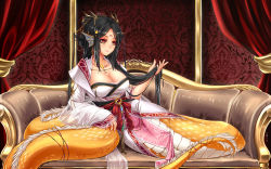 Rule 34 | 1girl, animal hands, black hair, breasts, chinese clothes, cleavage, couch, curtains, dragon, dragon girl, eastern dragon, eyeshadow, facial mark, fins, forehead mark, hair ornament, hanfu, head fins, highres, holding, holding own hair, horns, jewelry, large breasts, lips, long hair, looking to the side, magatama, makeup, midnight (banyex), monster girl, monster girl encyclopedia, nail polish, pelvic curtain, reclining, red eyes, red nails, ryuu (monster girl encyclopedia), solo, tattoo