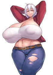 Rule 34 | 1girl, :&gt;, arms behind head, belt, breasts, cleavage, covered areolae, denim, huge breasts, jacket, jeans, midriff, navel, pants, red eyes, strapless, thick thighs, thighs, torn clothes, tube top, vella (debaucheryninja), white hair, zako (arvinry)