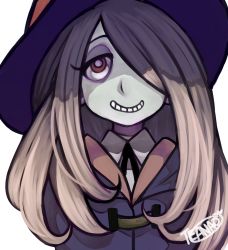 Rule 34 | 10s, 1girl, brown hair, grin, hair over one eye, hat, little witch academia, long hair, looking at viewer, red eyes, signature, simple background, smile, solo, sucy manbavaran, teanao, white background, witch, witch hat
