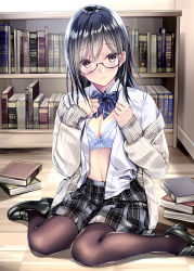 Rule 34 | 1girl, bad id, bad pixiv id, black hair, black pantyhose, black skirt, blush, book, bookshelf, bow, bowtie, bra, breasts, brown eyes, cardigan, checkered bow, checkered bowtie, checkered clothes, checkered neckwear, cleavage, collared shirt, commentary request, glasses, hair between eyes, highres, indoors, kobayashi chisato, loafers, long hair, long sleeves, looking at viewer, medium breasts, navel, open cardigan, open clothes, open shirt, original, pantyhose, plaid, plaid skirt, school uniform, shirt, shoes, sidelocks, sitting, skirt, solo, underwear, wariza, white bra, white shirt, wooden floor