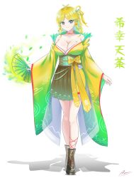 Rule 34 | 1girl, absurdres, blonde hair, boots, bow, bowtie, breasts, cleavage, egasumi, hand fan, highres, hitatsuphat, japanese clothes, kimono, kisaki tencha, large breasts, leaf, nijigen project, obi, paper fan, pleated skirt, sash, skirt, solo, vietnamese commentary, virtual youtuber