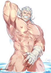 Rule 34 | 1boy, abs, absurdres, arm behind head, armpits, bandaged arm, bandages, bara, beard, completely nude, covering privates, covering crotch, crrispy shark, facial hair, granblue fantasy, grin, highres, large pectorals, loincloth, long hair, looking at viewer, male focus, mature male, muscular, muscular male, mustache, nipples, nude, old, old man, one eye closed, paid reward available, partially submerged, pectorals, penis, penis peek, ponytail, presenting armpit, paid reward available, scar, scar on arm, scar on chest, scar on leg, smile, solo, soriz, standing, stomach, thick thighs, thighs, water, water drop, wet, white hair, wrinkled skin