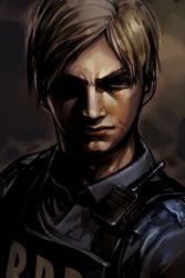 Rule 34 | 1boy, black eyes, blonde hair, blue shirt, bulletproof vest, capcom, closed mouth, dark, grey background, hungry clicker, leon s. kennedy, looking at viewer, male focus, police, police uniform, resident evil, resident evil 2, shirt, solo, uniform, upper body, walkie-talkie