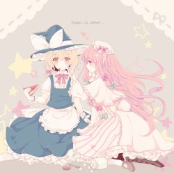 Rule 34 | 2girls, apron, black dress, blonde hair, blush, bow, cake, capelet, coat, crescent, dress, english text, female focus, food, food on face, hat, hat ribbon, heart, highres, karunabaru, kirisame marisa, long hair, long sleeves, multiple girls, open clothes, open coat, open mouth, pantyhose, patchouli knowledge, pink dress, pink eyes, pink hair, puffy sleeves, ribbon, shirt, short sleeves, sitting, spilling, spoon, star (symbol), striped clothes, striped dress, sugar cube, touhou, very long hair, waist apron, white legwear, wide sleeves, witch hat, wrist ribbon, yellow eyes