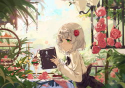 Rule 34 | 1girl, absurdres, black bow, black bowtie, blush, bow, bowtie, cake, cake slice, closed mouth, cup, drinking straw, flower, food, from side, genshin impact, green eyes, grey hair, hair flower, hair ornament, highres, holding, holding menu, ice cream, long sleeves, medium hair, menu, noelle (genshin impact), plant, red flower, sideways glance, skirt, solo, table, upper body, white skirt, yajuu