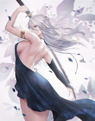 Rule 34 | 1girl, armlet, aztodio, bare back, black dress, breasts, bridal gauntlets, commentary, dress, english commentary, highres, holding, holding sword, holding weapon, katana, long hair, looking at viewer, medium breasts, original, petals, red eyes, silver hair, solo, sword, thighs, weapon