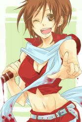 Rule 34 | 1girl, belt, blood, bottle, breasts, brown eyes, brown hair, cleavage, female focus, large breasts, meiko (vocaloid), one eye closed, red theme, scarf, short hair, smile, solo, vocaloid, wink