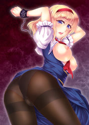 Rule 34 | 1girl, alice margatroid, arms up, ass, black pantyhose, blonde hair, blue eyes, blush, breasts, breasts out, capelet, chain, crotch seam, cuffs, dress, hairband, handcuffs, jin nai, large breasts, looking at viewer, nipples, open clothes, open mouth, panties, panties under pantyhose, pantyhose, short hair, short sleeves, solo, thighband pantyhose, touhou, underwear