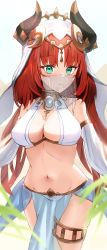 Rule 34 | 1girl, :3, absurdres, aqua eyes, bare shoulders, blurry, blurry background, breasts, circlet, closed mouth, cowboy shot, detached sleeves, genshin impact, gradient background, halterneck, highres, horn/wood, horns, jewelry, large breasts, looking at viewer, mouth veil, navel, neck ring, nilou (genshin impact), parted bangs, pelvic curtain, see-through, smile, solo, stomach, thighlet, veil