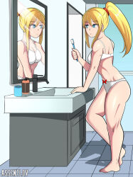 Rule 34 | 1girl, armpits, artist name, ass, assentlov, barefoot, bathroom, blonde hair, blue eyes, bow, bow panties, bra, breasts, cleavage, clenched hands, collarbone, expressionless, eyelashes, feet, female focus, from side, full body, hair between eyes, hand up, heel up, highres, holding, holding toothbrush, indoors, legs, long hair, looking at mirror, looking away, matching underwear, medium breasts, metroid, midriff, mirror, mole, mole under mouth, navel, neck, nintendo, panties, parted bangs, reflection, samus aran, shoulder blades, sideboob, sidelocks, standing, thighs, tiptoes, toes, toned, toned female, toothbrush, underwear, underwear only, white bra, white panties