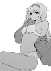 Rule 34 | 1girl, bra, breasts, bright pupils, dutch angle, expressionless, girls&#039; frontline, greyscale, hairband, jorin, long hair, medium breasts, monochrome, navel, off shoulder, open clothes, panties, red eyes, scar, scar on neck, simple background, sitting, solo, spot color, thunder (girls&#039; frontline), underwear, white background, white pupils