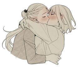 Rule 34 | 2girls, arms around neck, blush, braid, breasts, closed eyes, commentary, couple, cropped torso, dungeon meshi, ear blush, elf, eyelashes, facing another, falin touden, falin touden (tallman), french braid, french kiss, from side, kiss, korean commentary, long hair, long sleeves, mahittah, marcille donato, medium breasts, monochrome, multiple girls, pointy ears, ponytail, profile, short hair, simple background, sweat, yuri