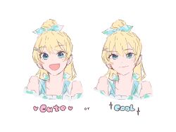 Rule 34 | 1girl, :d, blonde hair, blue bow, blue eyes, bow, closed mouth, commentary request, comparison, cropped shoulders, english text, fang, hair bow, hair bun, highres, link! like! love live!, long hair, looking at viewer, love live!, multiple views, myuu (mmyu ull), natsumeki pain (love live!), off-shoulder shirt, off shoulder, official alternate costume, official alternate hairstyle, open mouth, osawa rurino, shirt, simple background, single hair bun, smile, smirk, swept bangs, virtual youtuber, white background, white shirt
