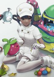 Rule 34 | 1girl, aether foundation employee, aether foundation employee (female), alolan form, alolan muk, berry (pokemon), black hair, blush, bounsweet, commentary request, creatures (company), dark-skinned female, dark skin, game freak, gen 1 pokemon, gen 7 pokemon, gloves, hat, highres, magnemite, nintendo, noeru, oran berry, overall shorts, overalls, pantyhose, poke ball, poke ball (basic), pokemon, pokemon (creature), pokemon sm, shoes, short hair, short sleeves, sitrus berry, sitting, sneakers, white footwear, white gloves, white headwear