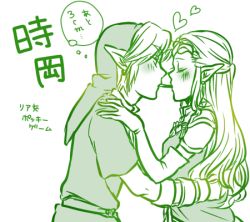 Rule 34 | 1boy, 1girl, artist request, blush, elbow gloves, food, gloves, heart, hug, link, lowres, nintendo, pocky, pocky kiss, pointy ears, princess zelda, shared food, the legend of zelda, the legend of zelda: ocarina of time