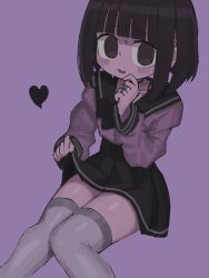 Rule 34 | 1boy, black skirt, blunt bangs, blush, bob cut, brown eyes, brown hair, clothes lift, commentary, crossdressing, empty eyes, hand up, heart, highres, jewelry, jirai kei, lifted by self, long sleeves, looking at viewer, male focus, multiple rings, open mouth, original, purple background, purple shirt, ring, sailor collar, sasa ki (resupuburika), shirt, sitting, skirt, skirt lift, solo, sweatdrop, symbol-only commentary, thighhighs, thighs, trap, white thighhighs
