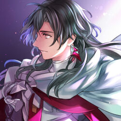 Rule 34 | 1boy, armor, black hair, cloak, closed mouth, commentary, constantine xi (fate), earrings, expressionless, fate/grand order, fate (series), gradient background, grey eyes, hair between eyes, heki0529, jewelry, light particles, long hair, looking to the side, male focus, profile, purple background, solo, tassel, upper body, white armor, white cloak