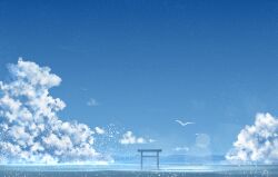 Rule 34 | absurdres, bird, blue sky, chinese commentary, cloud, commentary, day, highres, light particles, no humans, ocean, original, outdoors, rune xiao, scenery, signature, simple bird, sky, torii