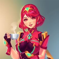 Rule 34 | 1girl, armor, breasts, covered navel, earrings, fingerless gloves, gloves, headpiece, jewelry, large breasts, looking at viewer, mella, nintendo, pyra (xenoblade), red eyes, red hair, red shorts, short hair, shorts, shoulder armor, simple background, smile, solo, swept bangs, tea, tiara, white background, xenoblade chronicles (series), xenoblade chronicles 2