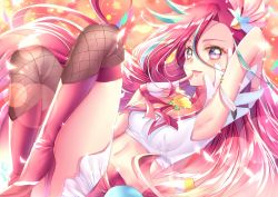 Rule 34 | aqua hair, arm up, armpits, commentary, crop top, cure flamingo, earrings, feather earrings, feathers, fingerless gloves, fishnets, gloves, high heels, highres, jewelry, long hair, looking at viewer, lying, magical girl, midriff, multicolored hair, navel, open mouth, precure, purple eyes, red background, red hair, smile, thighs, touki matsuri, tropical-rouge! precure, two-tone hair, very long hair, white gloves