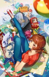 Rule 34 | 1girl, aircraft, airplane, anatomical model, ball, beachball, bird, blue pants, blurry, brown eyes, brown hair, commentary request, confetti, cup, daruma doll, depth of field, doll, duck, floating, folding fan, frog, from above, full body, hand fan, hand in pocket, highres, korean commentary, lantern, mug, pants, paper airplane, paper lantern, paprika, paprika (character), red footwear, red shirt, shirt, shoes, short hair, short sleeves, smile, sneakers, solo, television, toy, walkie-talkie, zzom b