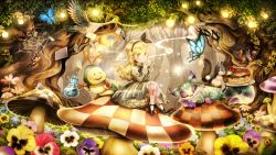 Rule 34 | 1girl, alice (alice in wonderland), alice in wonderland, bird, blonde hair, bug, butterfly, cake, card, cat, caterpillar, caterpillar (alice in wonderland), cheshire cat (alice in wonderland), cup, flower, food, grin, highres, insect, long hair, mary janes, mushroom, one eye closed, outdoors, pantyhose, playing card, shoes, sitting, smile, snail, spider, star (symbol), steam, sui (petit comet), teacup, teapot, tree