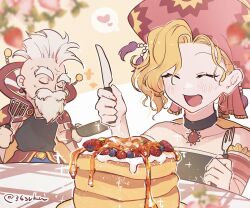 Rule 34 | 1boy, 1girl, beard, blonde hair, cape, choker, closed eyes, collarbone, facial hair, final fantasy, final fantasy vi, food, hanaon, hat, highres, holding, holding spatula, long hair, mustache, old, old man, open mouth, pancake, pancake stack, relm arrowny, smile, spatula, strago magus, strapless, white hair