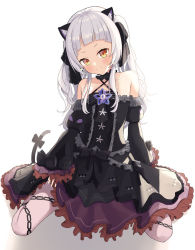 Rule 34 | &gt;:), 1girl, animal ears, bare shoulders, black dress, black sleeves, blunt bangs, blush, bow, brooch, cat ears, cat girl, cat tail, center frills, chain print, choker, collarbone, criss-cross halter, detached sleeves, dress, dress bow, frilled choker, frilled dress, frilled ribbon, frills, full body, gothic lolita, hair ribbon, halter dress, halterneck, highres, hololive, honome sui, jewelry, juliet sleeves, layered dress, lolita fashion, long hair, long sleeves, murasaki shion, murasaki shion (gothic lolita), pantyhose, pinstripe dress, pinstripe pattern, print pantyhose, puffy sleeves, purple pantyhose, ribbon, short dress, short eyebrows, sidelocks, silver hair, sitting, sleeveless, sleeveless dress, smile, smirk, smug, solo, star (symbol), striped, tail, tail bow, tail ornament, twintails, v-shaped eyebrows, virtual youtuber, wariza, yellow eyes